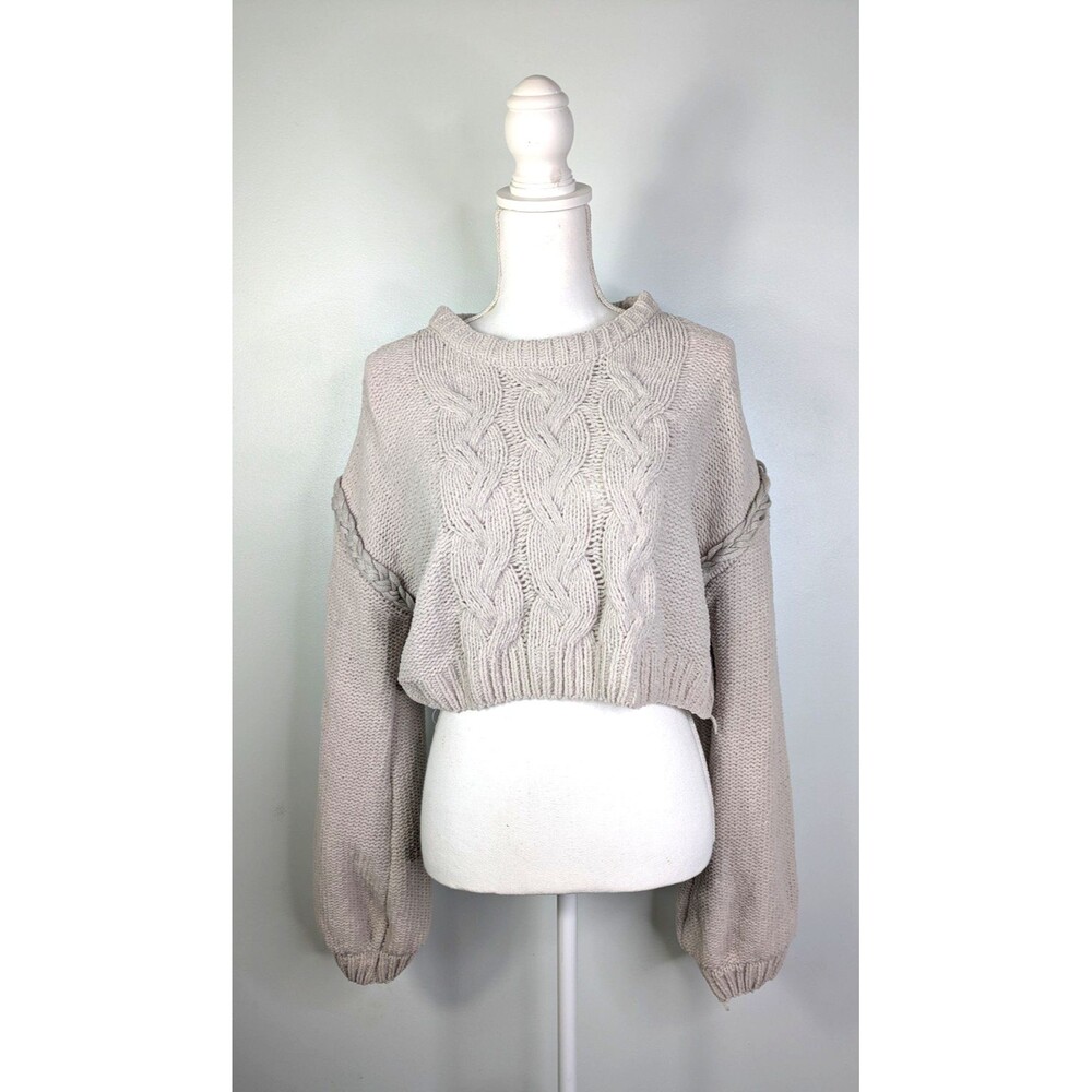 Altar'd State Beige Cable Knit Cropped Sweater L Balloon Sleeve Cozy Cottagecore